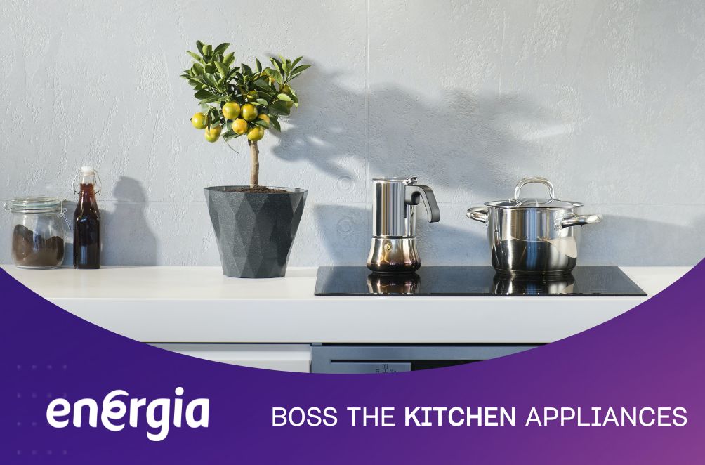 The countertop of the kitchen with a variety of kitchen appliances